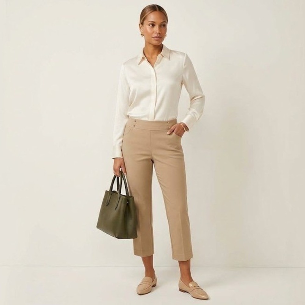 JM Collection Rivet Capri Pants L New Fawn‎ Tan Stretch Pull On Cropped Workwear